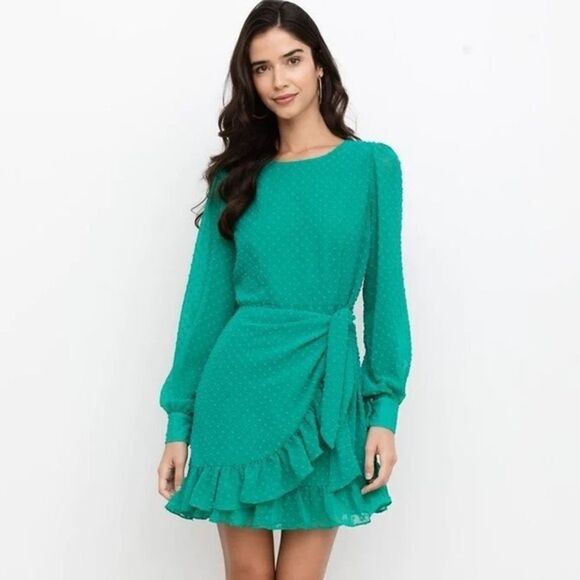 NWT YUMI KIM Daphne Faux Wrap Dress - Jewel Emerald Swiss Dot Small - Picture 12 of 12